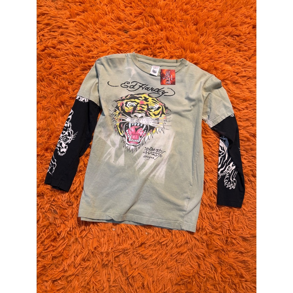 Ed Hardy Kids Tiger Graphic Layered Long Sleeve Shirt Green Black Size L